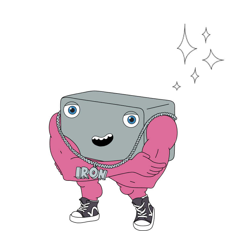 Iron Replenishment Mascot standing with arms crossed