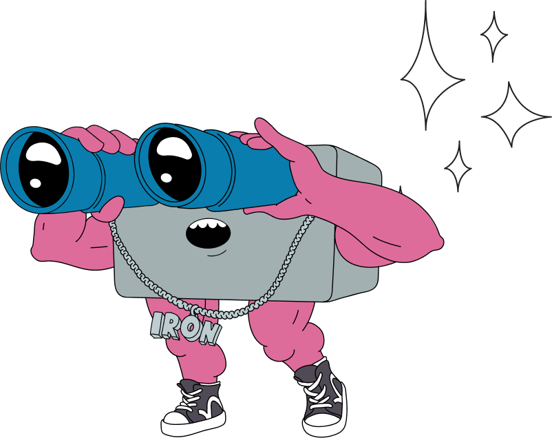 Iron Replenishment Mascot using binoculars to locate an infusion center